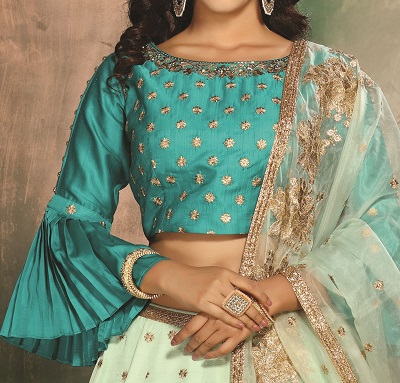 Bell Sleeves With Boat Neck Lehenga Blouse Design