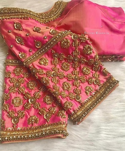 Carrot pink bridal blouse with sequin and embroidery