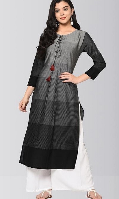 Centre Strings And Tassels Black And Grey Colored Kurta