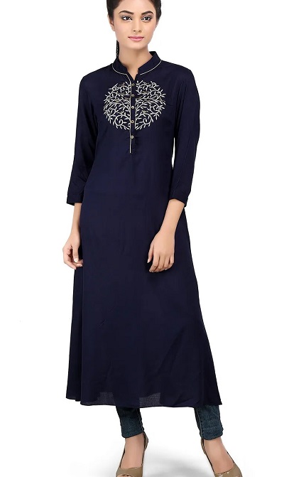 Collared Centre Button Placket Embroidered Long Blue Kurti For Office