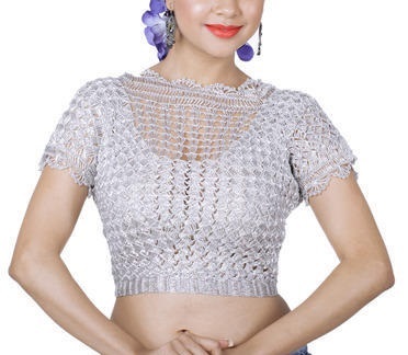 Crochet fabric silver saree blouse design