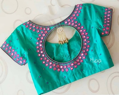 Designer Blouse with Contrasting Coloured Mirror Rings