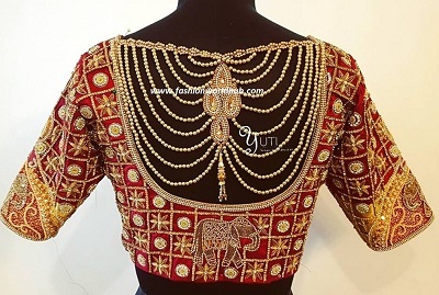 Elephant motif maggam red bridal blouse style