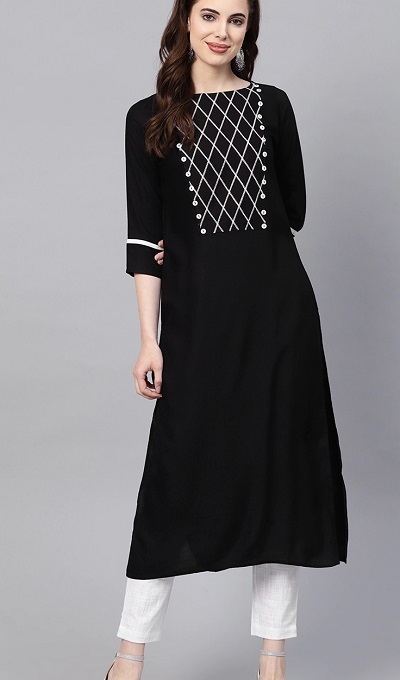 Embroidered Kurta In Black With Long Length