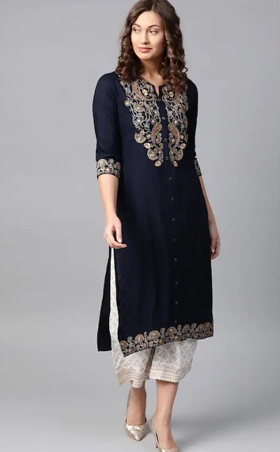 Embroidered Kurti In Black For Office Wear