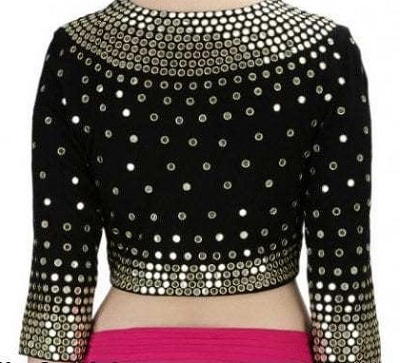 Full Sleeves Round Mirror Black Saree Blouse