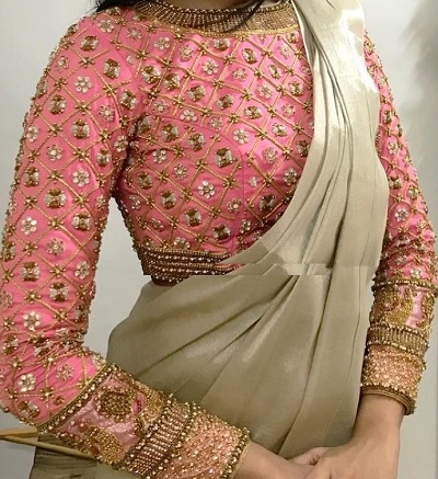Full sleeves bridal pink maggam blouse design