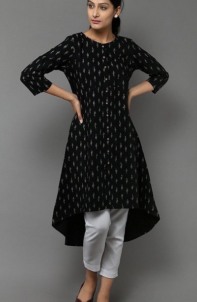 High Low Black Printed Kurta Pattern For Office 