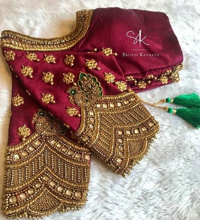 Kundan and bead maggam style silk saree blouse