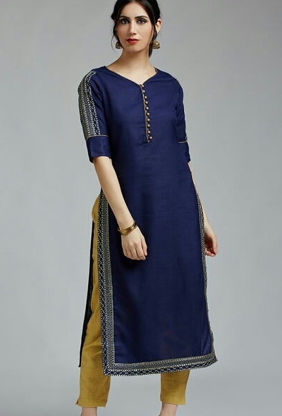 Long Navy Blue Embroidered Kurta For Office