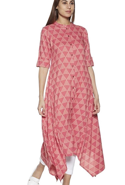 Long Office Geometric Print Irrregular Hemline Kurta