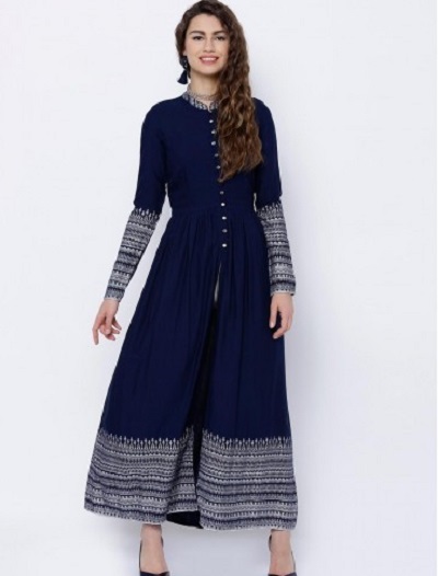 Office Wear Kurti With Contrasting Print And Centre Button Slit