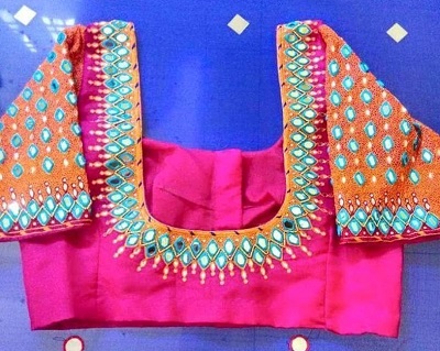Partywear mirror work saree blouse design