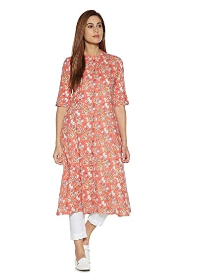 Peach Colored Printed Centre Slit Kurti Design