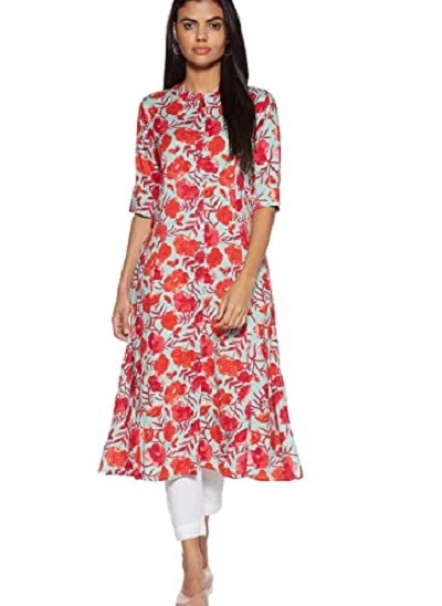 Red And White Printed High Neck Kurti For Office