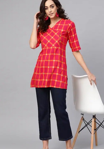 Red Short Tunic Style Kurti For Office