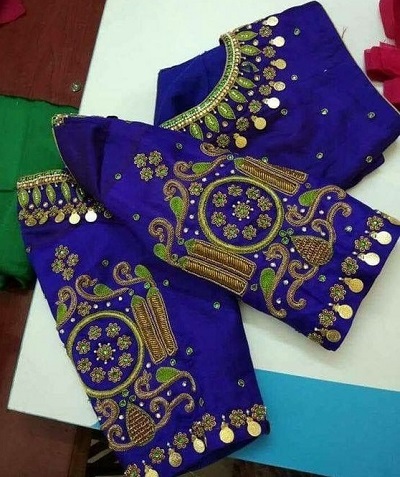 Royal blue maggam blouse with coin work