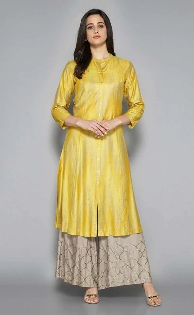 Simple Art Silk Office Wear A Line Yellow Kurta