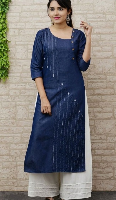 Simple Thread Work Navy Denim Look Kurta