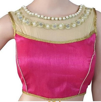 Sleeveless Saree blouse design with pearls