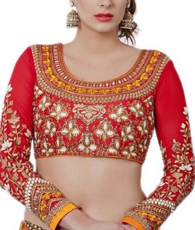 Stylish Full Sleeves Blouse with Embroidery and Mirror In Red Color