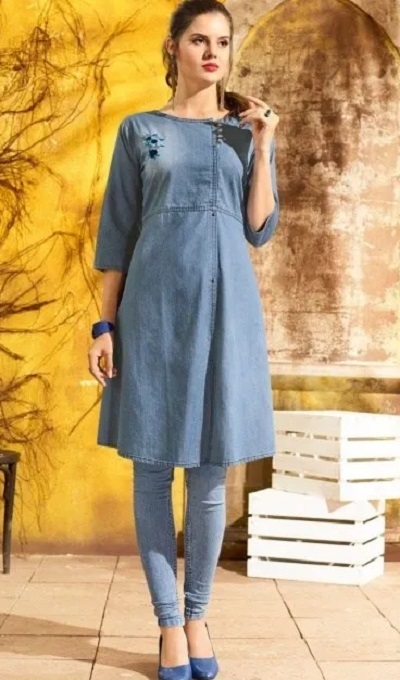 Stylish Short Denim Kurta With A Line Pattern