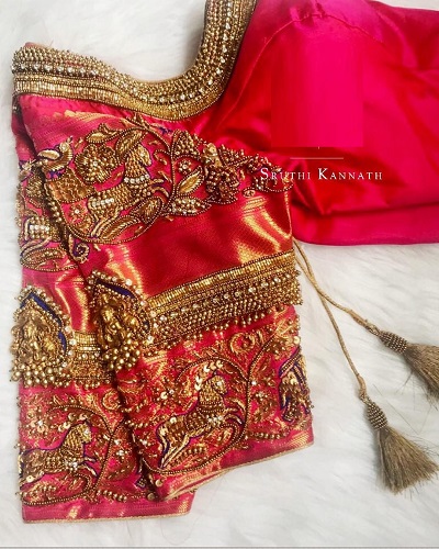 Stylish silk red nlouse with temple maggam work