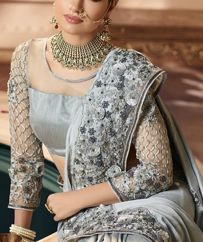 Thread work silver blouse for sarees
