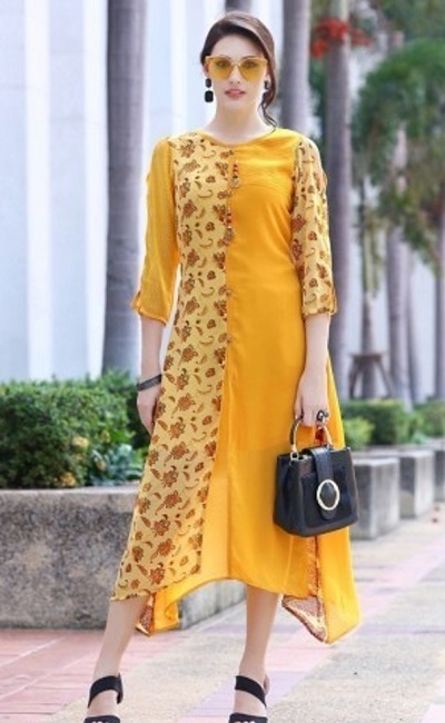 Yellow And Printed Office Wear Kurti