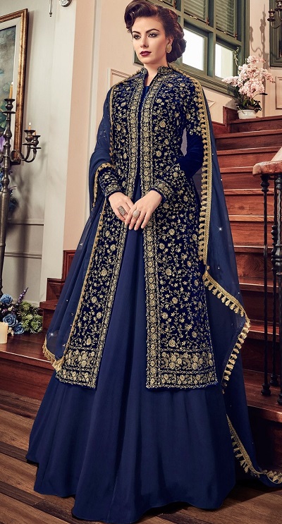 Blue Embroidered kurta with Solid georgette Lehenga