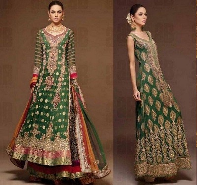 Bridal Green Brocade Silk Long kurta with Lehenga