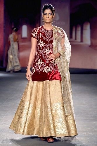 Designer velvet red kurta with Golden lehenga