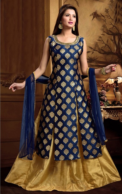 Double side slit Blue Kurta with Gold Lehenga