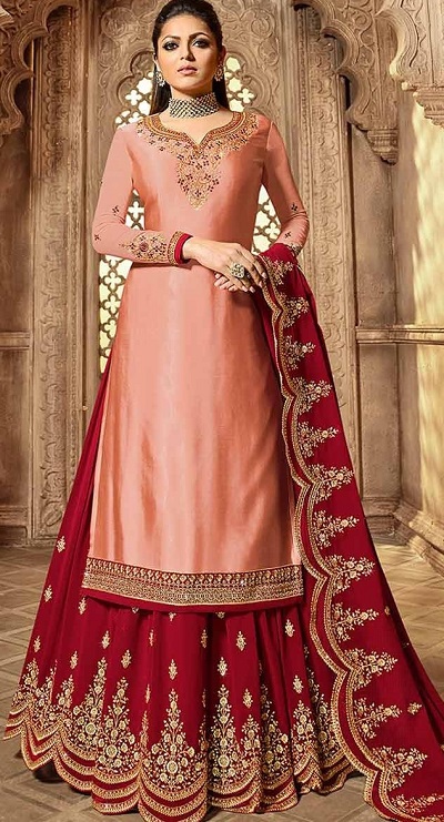 Peach Long kurta with lehenga dress