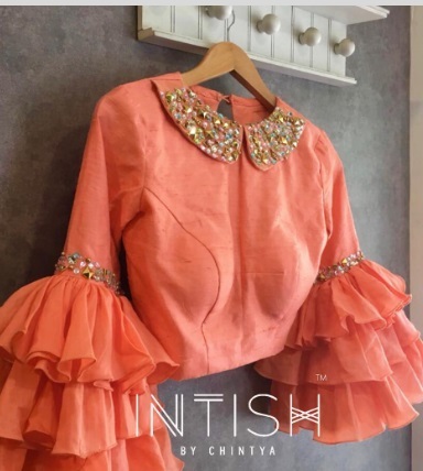 Peplum neck ruffled layered saree blouse design
