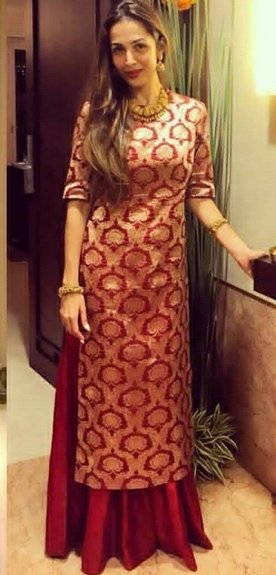 Red Brocade Straight kurta Lehenga dress