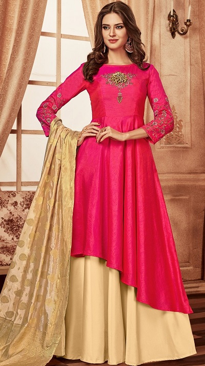 Silk pink Diagonal Cut Kurta with lehenga