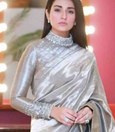 Silver silk saree blouse with high neck