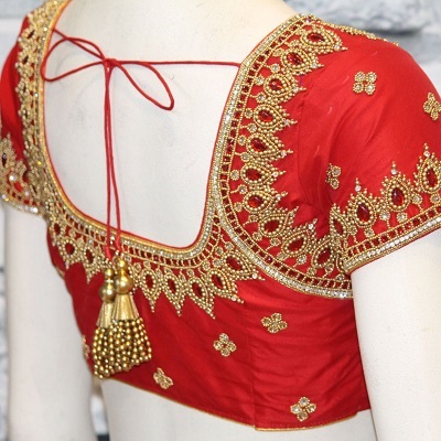 Simple Stone Work Red Silk Blouse For Bridal Attire