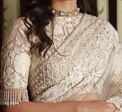 Thread Embroidery Cream Color High Neck Blouse For Brides