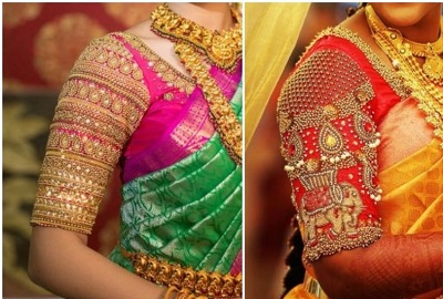 Heavily Embellished Bridal Silk Saree Blouse Pattern