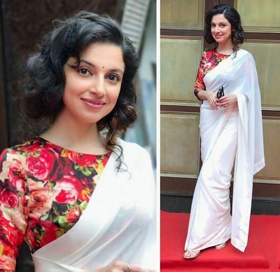 White Saree With Dark Floral Printed Blouse