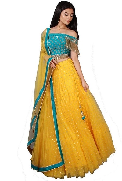 Bold Yellow and Blue Lehenga Choli Design