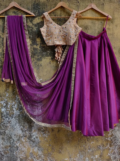 Box pleated purple lehenga