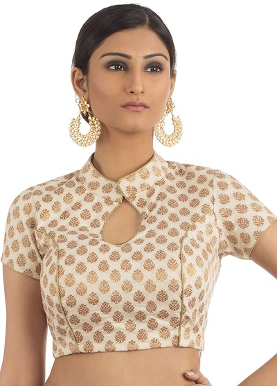 Brocade Beige Princes Cut Keyhole Collar Blouse