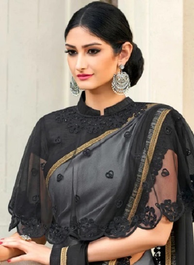 Cape Style Collared Net Saree Blouse Design