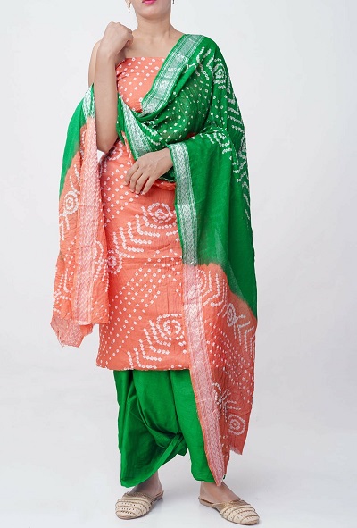 Green and Peach Bandhej Salwar suit