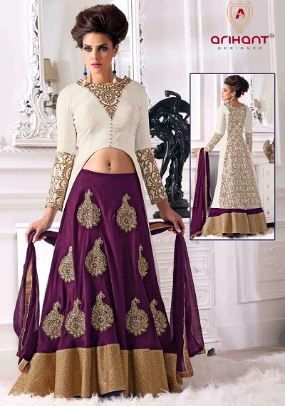 Long Blouse Design with Purple Lehenga