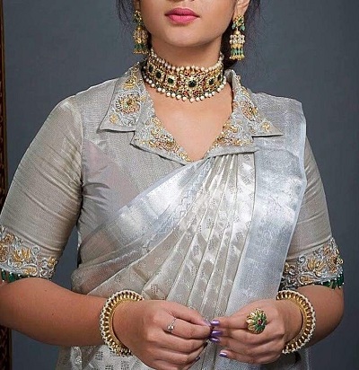 New Model Silver collared Saree blouse