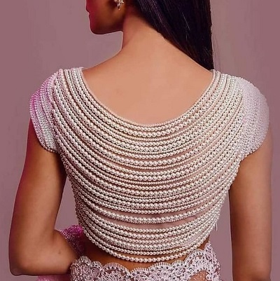 Pearl embellished Net Saree Blouse